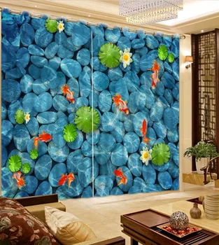 

Kitchen Curtain fish water stone New Printed 3D Living room Bedroom Curtain Hooks Polyester Sheer Curtains 3D Curtains