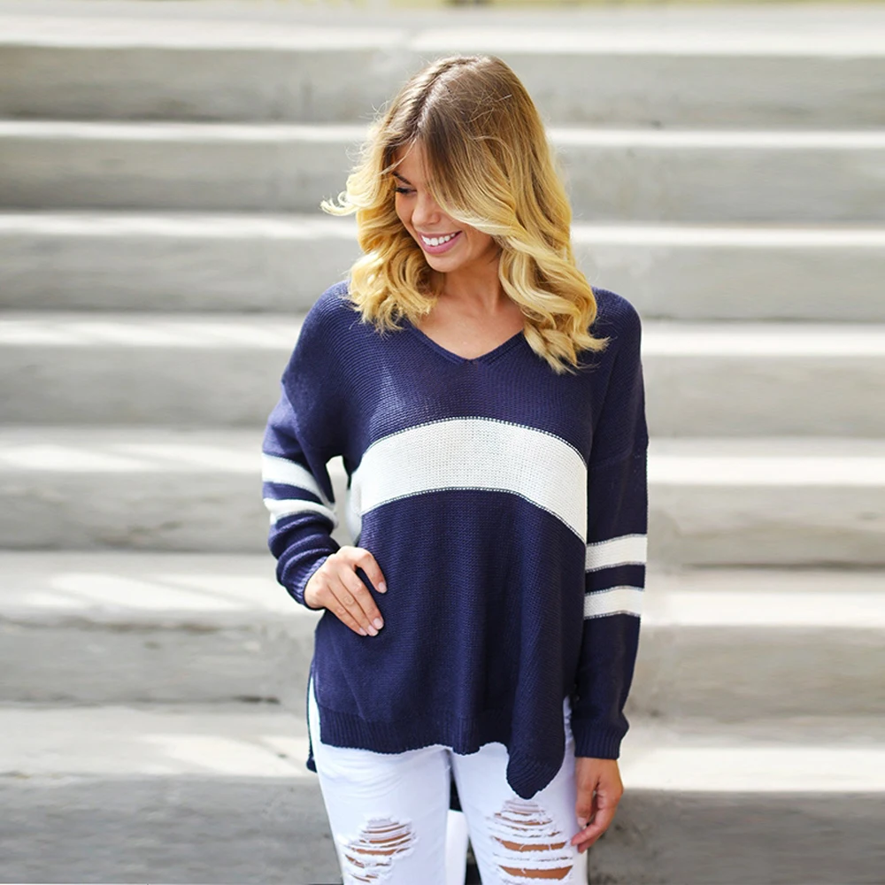 HYH HAOYIHUI Color Block Basic Women Sweater V-neck Long Sleeve Basic Pullover Elegant Street Style Ladies Autumn Jumper