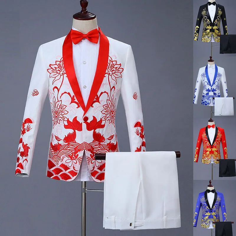 

Embroidery Mens Wedding Suit Jacket Fashion Slim Totem Embroidered Formal Party Prom Men Suit Blazers Gown