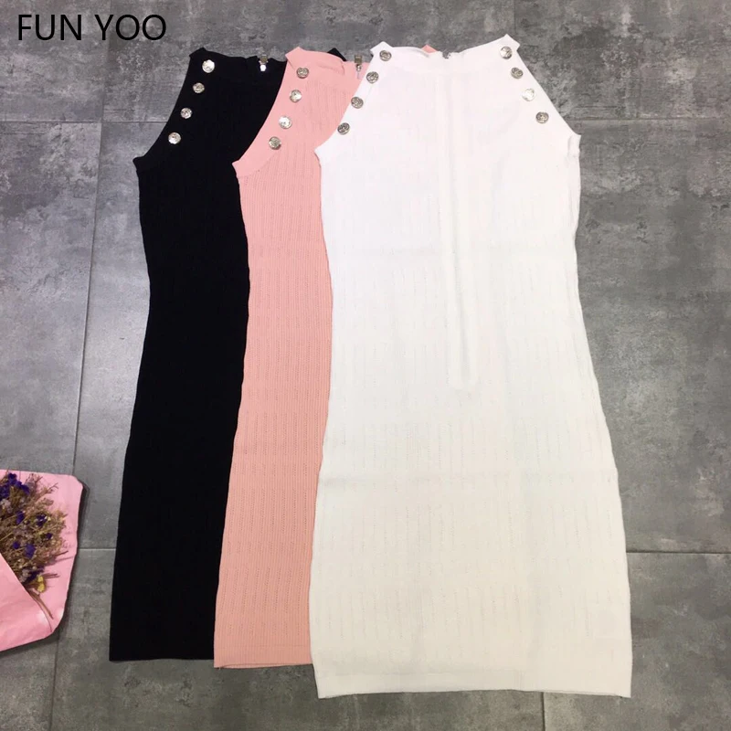 

2019 Summer Female Sheath Sleeveless Cotton Polyster Dress Knee-length Zipper decoration O-neck Sexy Multi-color Dress