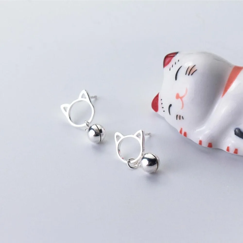 925 Sterling Silver Lovely Cat Dangle Bell Stud Post Earrings A1994in
