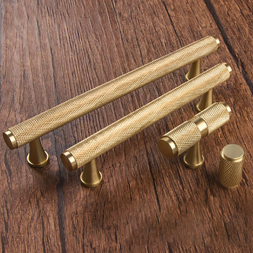 96mm/128mm de oro moleteado latón moleteado del Gabinete manijas y perillas de latón sólido cajón de la cocina tira dormitorio T bar de Hardware del gabinete