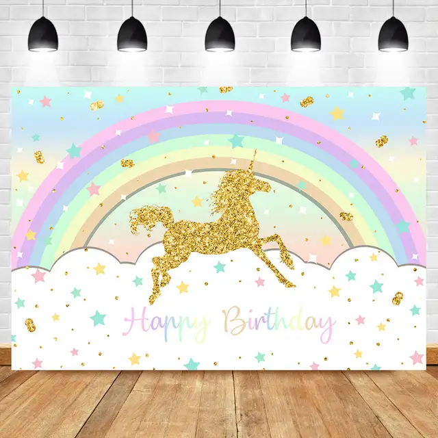 Neoback Happy Birthday Unicorn Background Rainbow Golden Glitter