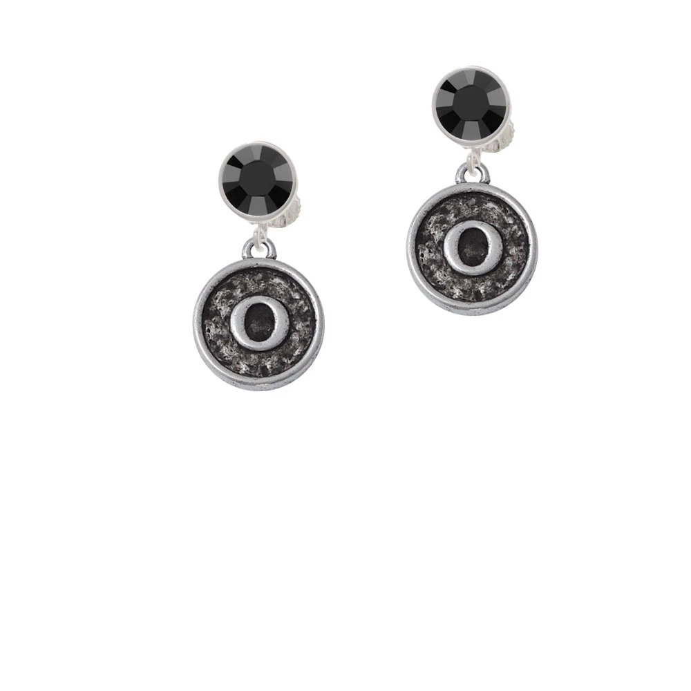 Antiqued Round Seal - Initial - O - Crystal Clip On Earrings (2)