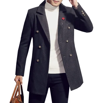 

Woolen Coat Mens Lapel Double Breasted Male Autumn Winter Overcoat Thick Jackets British Style Medium-Long Trench Wool&Blends