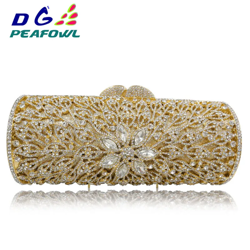 

DGPEAFOWL Luxury Custom made Diamond Opal Flower Shape Women Gold Crystal Clutch Hard Metal Clutches bag Wedding Evening Bags