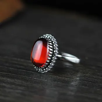 

Authentic 925 Silver Ring With Red Garnet Women Accessories Natural Stone Adjustable Fine Jewelry Anelli