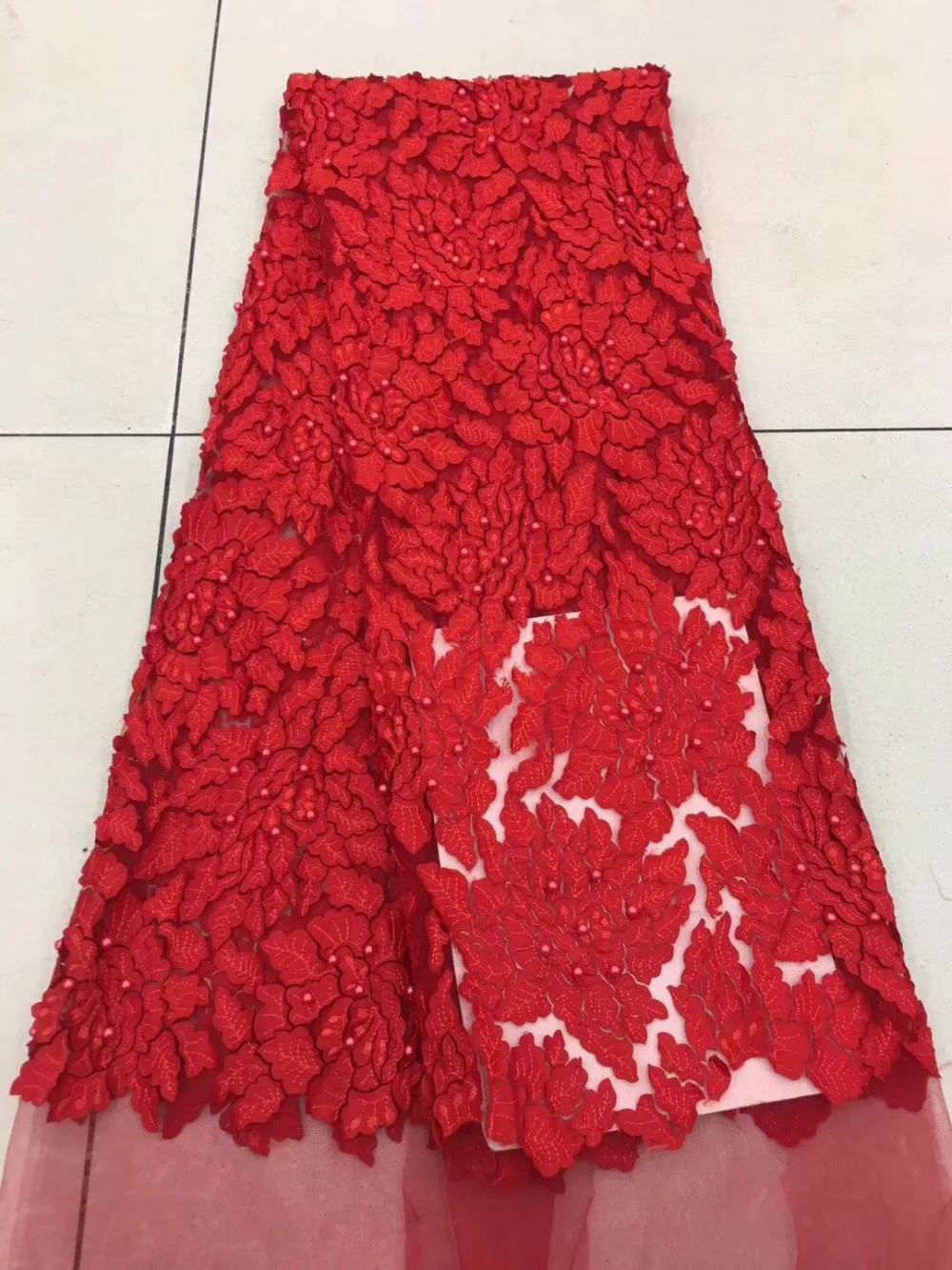 

Red Color New Design African Lace Fabrics High Quality French Lace Fabric For Party Dress Nigerian Beaded Lace Fabric