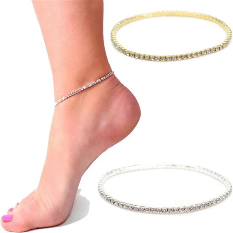 PINKSEE Fashion Clear Crystal Tennis Gold Color Stretch Anklet Foot Chain Ankle Leg Bracelet Foot Jewelry For Women PINKSEE Fashion Clear Crystal Tennis Gold Color Stretch Anklet Foot Chain Ankle Leg Bracelet Foot Jewelry For Women