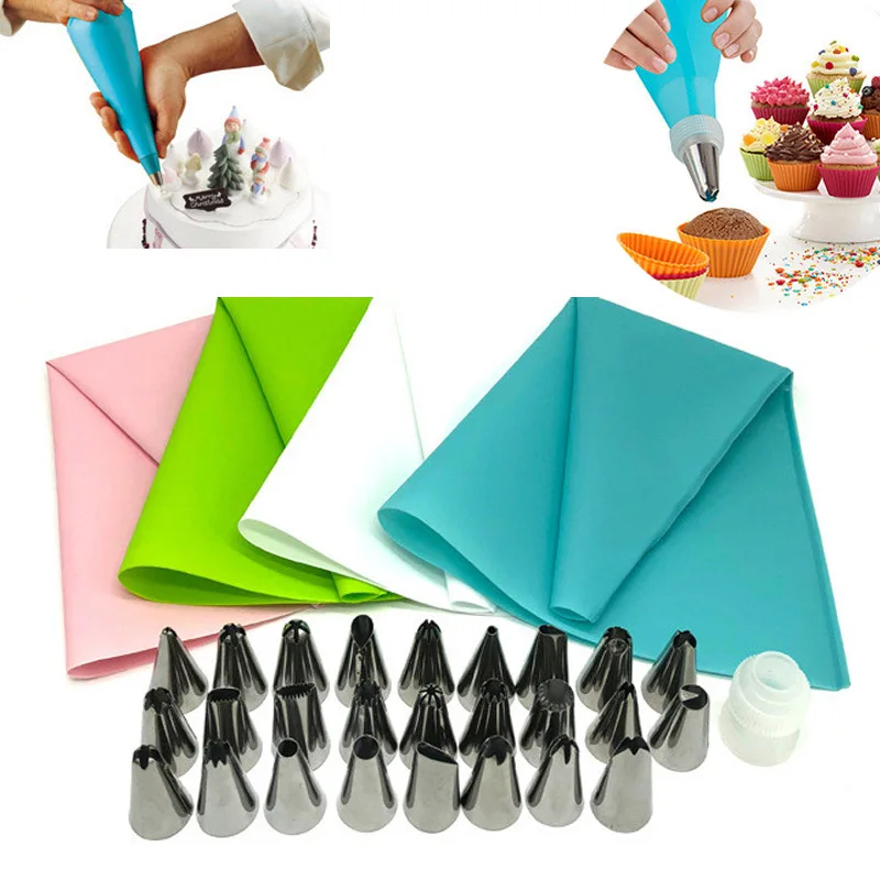 

28PCS/Set Silicone Kitchen Accessories Pastry Bag Nozzles Tips Icing Piping Cream Pastry Bag 26Stainless Steel Set DIY Cake Tool