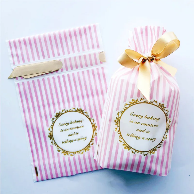LBSISI Life 50 шт пластиковый мешок для конфет, печенья, на шнурке, с лентой, для закусок, конфет, на день рождения, свадьбу, подарочные пакеты - Цвет: Pink Stripe