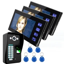 Reconhecimento de Impressão Digital da porta de vídeo Com Fio interfone interfone 3 Monitor + 1 Kit Câmera de Visão Noturna IR + 5 pcs RFID Keyfobs