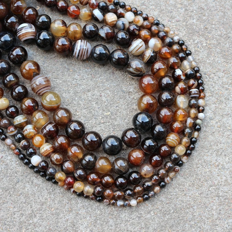 Brown Stripe Beads Natural Stone Banded Onyx 4/6/8/10/12 MM Round Loose for Jewelry Accessories Bracelet Making DIY | Украшения и