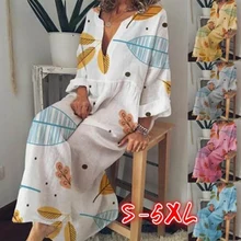 Bohemia Printed Dress Deep V Neck Long Sleeve Loose Casual for Women Plus Size -OPK Bohemia Printed Dress Deep V Neck Long Sleeve Loose Casual for Women Plus Size -OPK