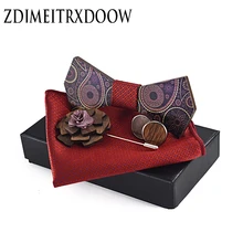 ZDJMEITRXDOOW Man Fashion Wooden Bowtie Paisley Corbatas Gravata Jacquard Tie Handkerchief Cufflinks For Men Gift Box