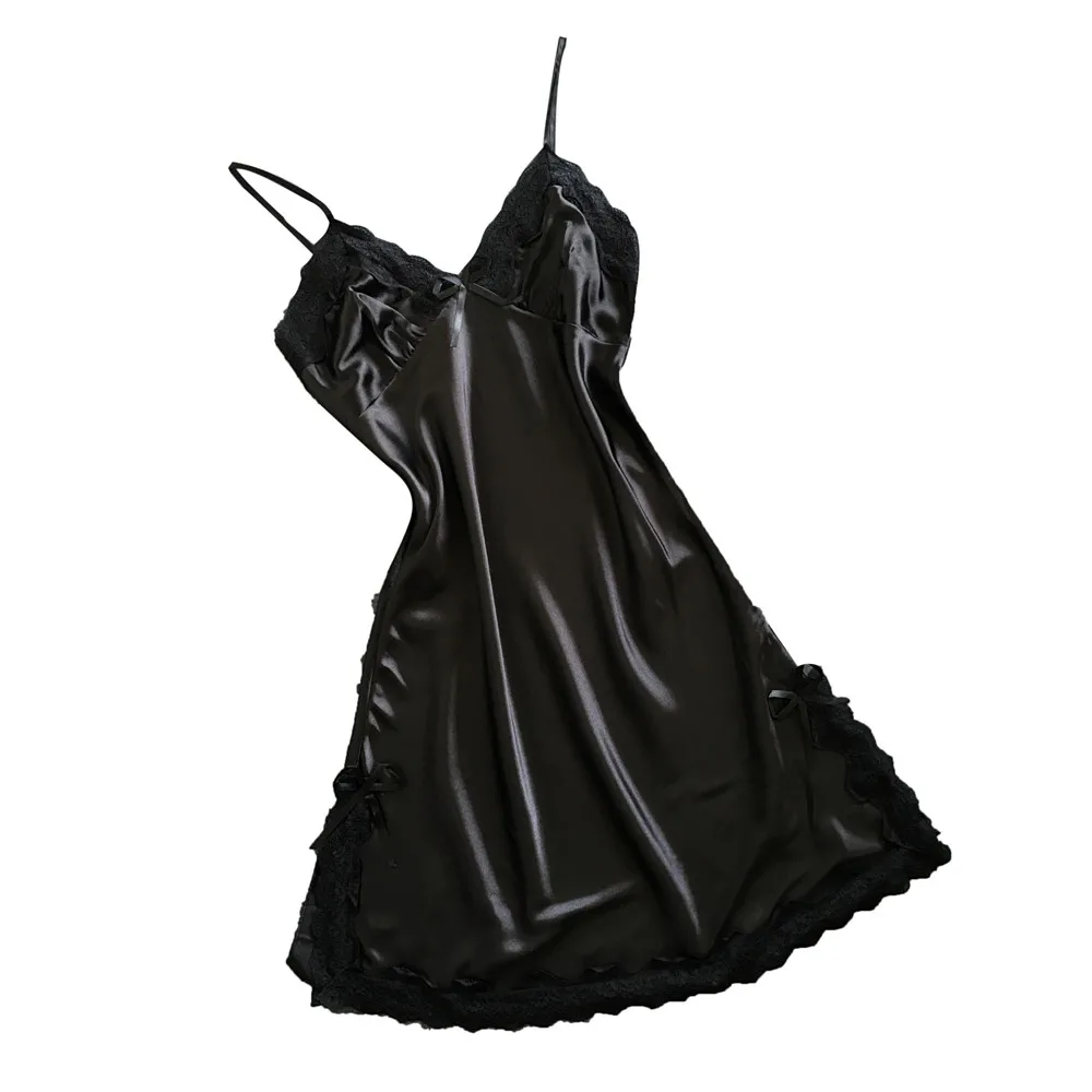 Для женщин пижамы Для женщин белье Шелковый кружевной халат платье Ночная сорочка ночная рубашка сексуальные пижамы Для женщин пижамы сексуальный@ 8 - Цвет: Черный