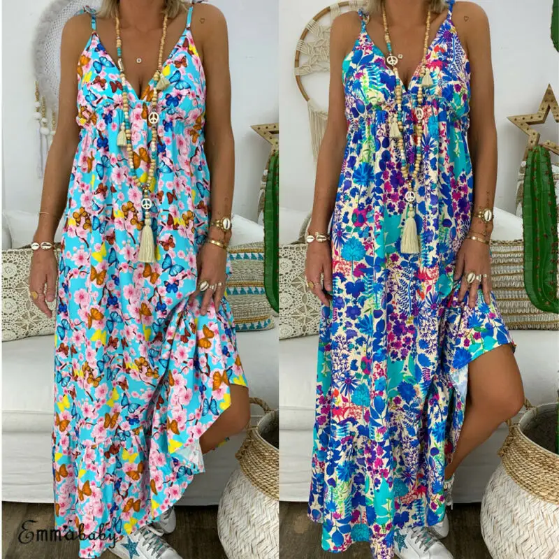 

Womens Summer Dress Sleeveless Floral Print V Neck Backless Beach Dress Ladies Top Holiday Sundress Plus Size