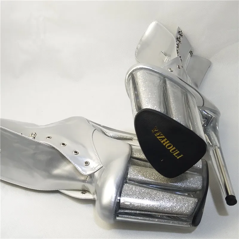 Silvery eye silver glitter 20cm high heels, low boot, model runway show, dancing shoes