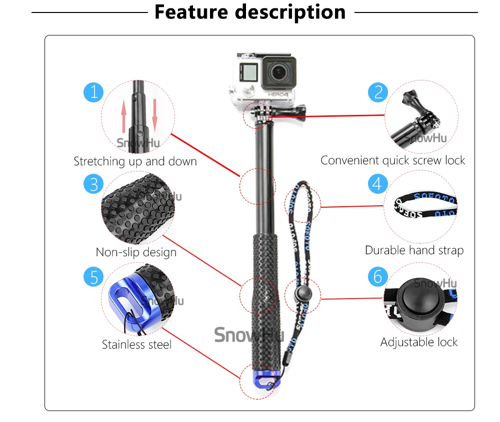 SnowHu 37 дюймов выдвижной ручной POV полюс Телескопический монопод палка для GoPro Hero 8 7 6 5 для Sjcam для Eken h9 для Yi 4K камеры