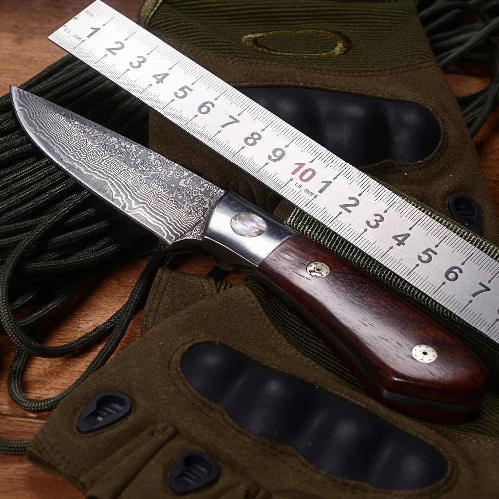 Comprar Damasco completo Tang pequeño cuchillo recto mango de madera supervivencia táctica caza EDC cuchilla fija cuchillos combate Herramienta de bolsillo
