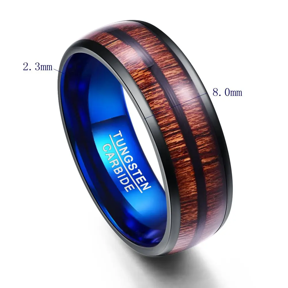 Baratos Nuncad anillos de carburo de tungsteno de 8MM de ancho, cúpula negra y azul, anillos de tungsteno, anillo de tungsteno de doble ranura con incrustaciones de madera de Acacia
