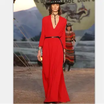 

Women Maxi Dress 2018 High Quality Designer Runway Three-quarter Sleeve V-neck Solid Elegant Long Party Dresses Red NP0028