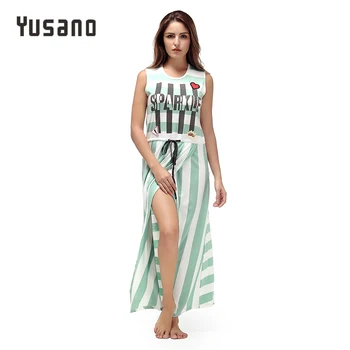 

Yusano Women's Nightgown Sexy Long Nightshirt Sleeveless O-Neck Nighty Sleepwear Dress Striped Split Nightwear Skirt Homewear