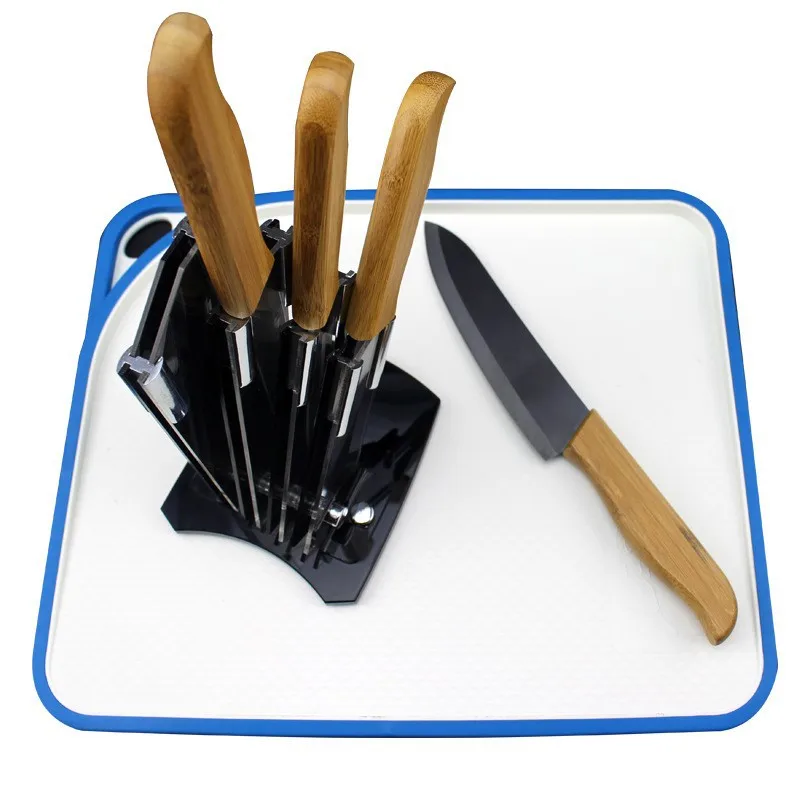 Бамбуковая ручка с черным лезвием набор керамических ножей " 4" " 6" дюймов+ держатель/подставка