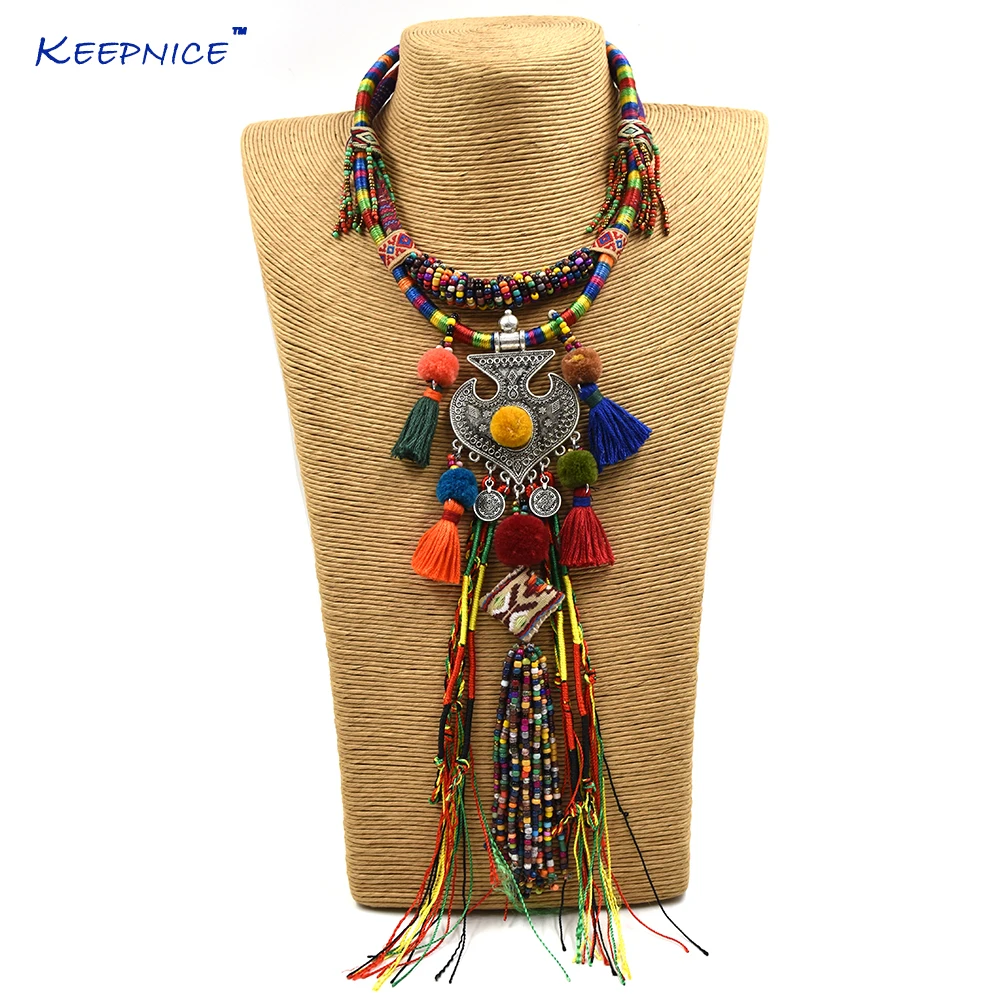 New Bohemian boho ethnic beaded tassel choker Necklace handmade colorful beads long fringe Pendants statement Necklace beads layered wrap choker necklace