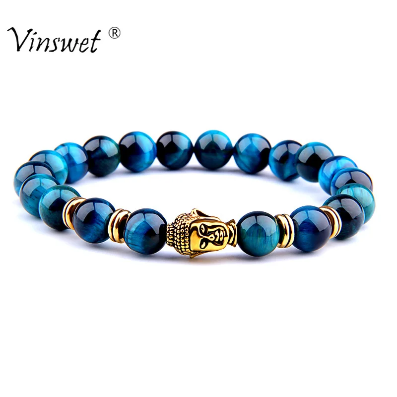 

Fashion AAA Royal Blue Tiger Eye Men's Bracelet Beads Natural Stone Buddha Stretch Charm Bracelets for Women Men Jewelry 2019