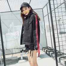 Для женщин Письмо ленты молнии джинсы куртки цвет: черный, синий бомбер Джинсовые куртки Jaqueta повседневные рваные джинсы пальто