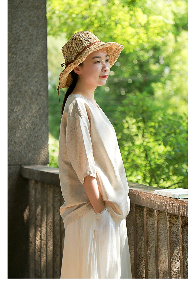 LZJN Women Tops and Blouses 2019 Summer V Neck Short Sleeve Linen Shirt Casual Loose Work Blouse RetroTop Plus Size Blusas (34)