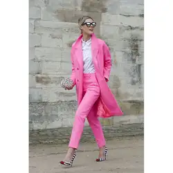 Розовый женский бизнес Костюмы Блейзер с брюки для девочек длинная куртка Slim Fit брючный костюм