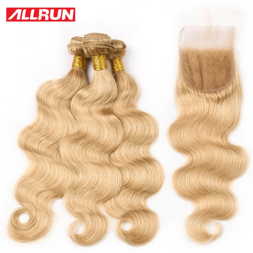 Allrun Pre-Colored Pure Golen #27 Brazilian Human Hair Bundles With Closure Body Wave Hair Bundles With Closure 4*4 Remy Weave