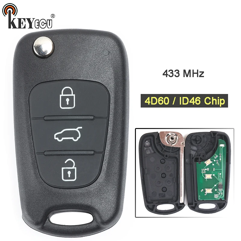 

KEYECU 433MHz ID46 / 4D60 Chip 3 Button Replacement Flip Key Folding Remote Car Key Fob for Hyundai IX35 I20