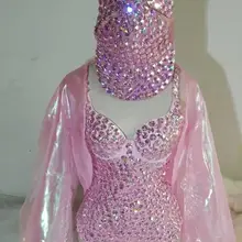 Розовый Полный алмаз сшить на Боди Наряд женский для певицы для сцены одежда Сверкающее платье со стразами праздничный костюм настроить трико
