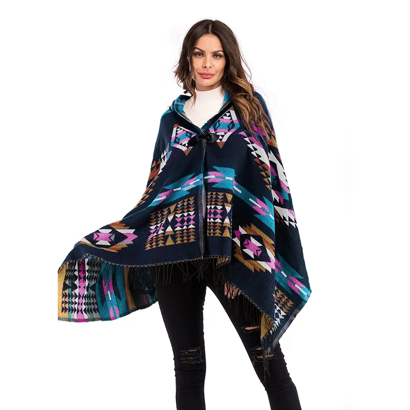 Autumn Europe And American Women Clothing Female Hooded Large Size National Style Cloak Shawl Geometric Pattern Tassel Coat