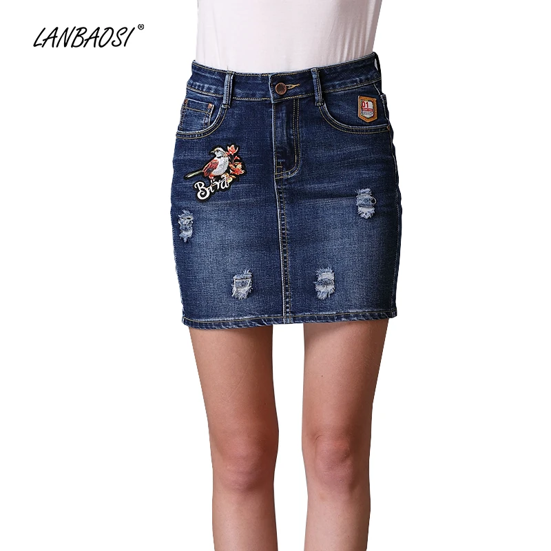 

LANBAOSI Bird Embroidery Denim Miniskirt for Women Package Hip High Waist Jeans Mini Skirt Cowgirl Female Jean Pencil Skirts