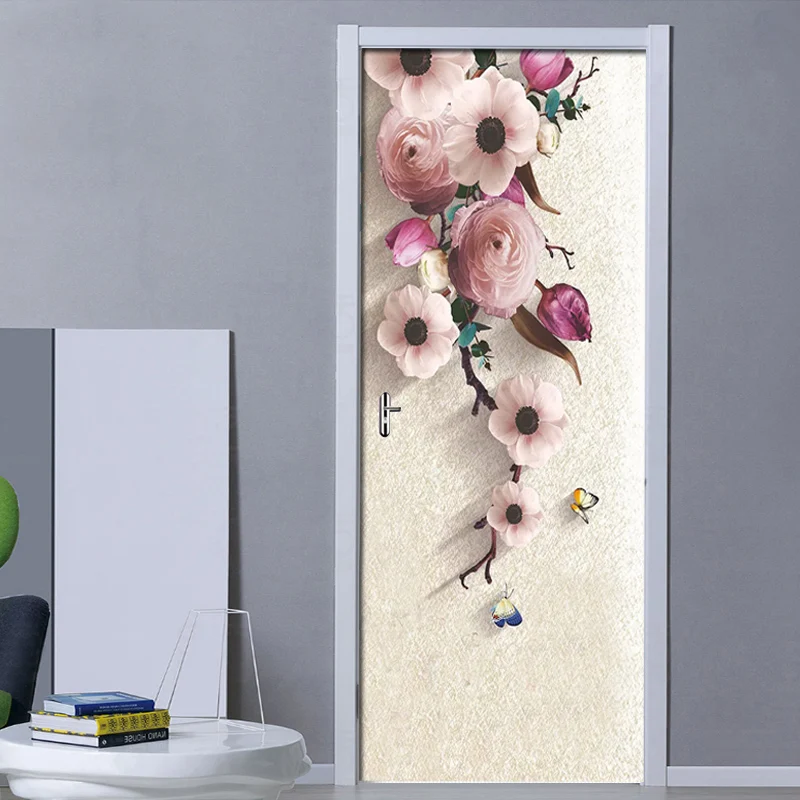 

3D Stereo HD Hand Painted Pink Flowers Door Sticker Wallpaper Living Room Bedroom Door Wall Sticker Mural Decals for Home Decor