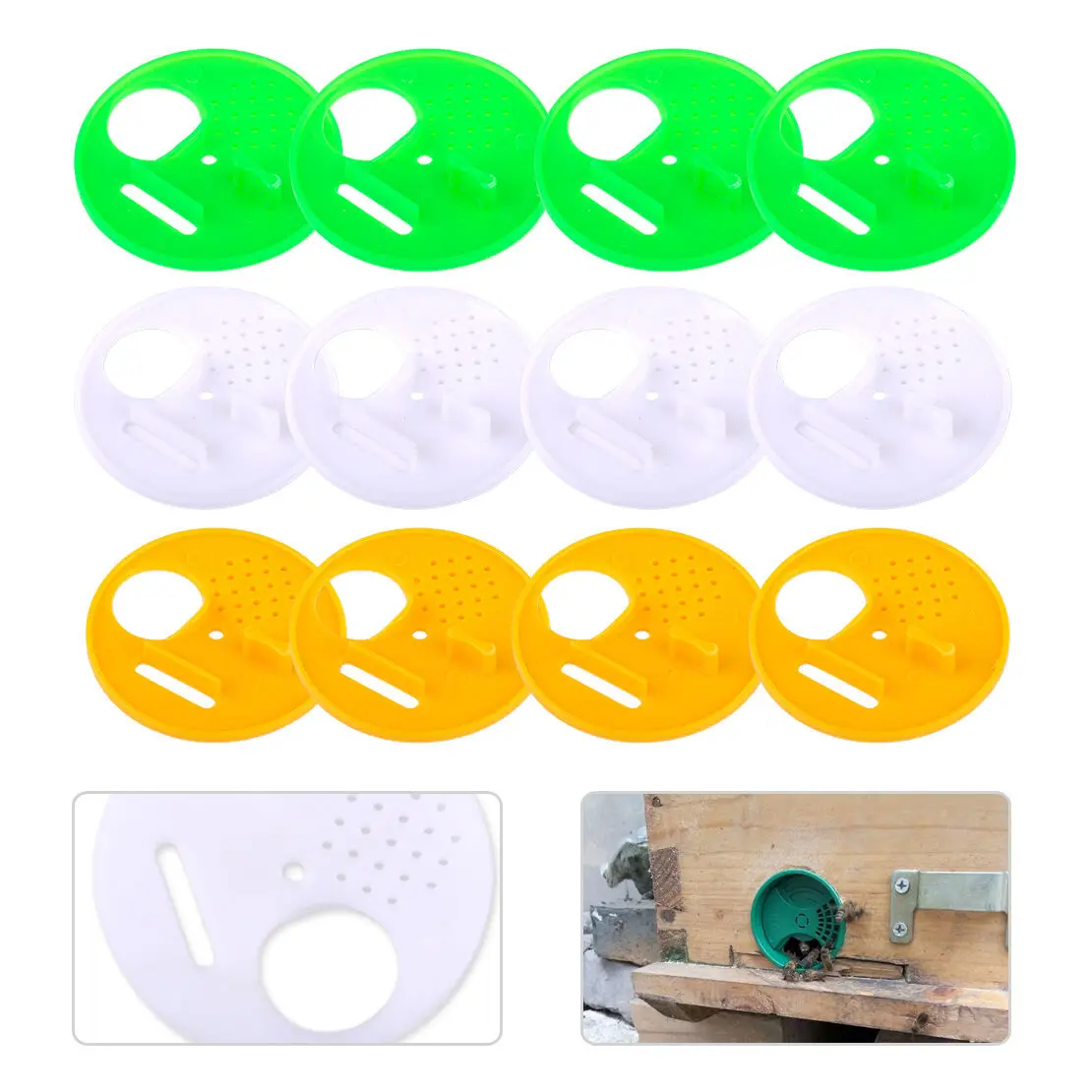 

Kit 12pcs Beekeeping Hive Nuc Beehive Entrance Gates Box Beekeepers Equipment Tool Random color 6.8cm diameter