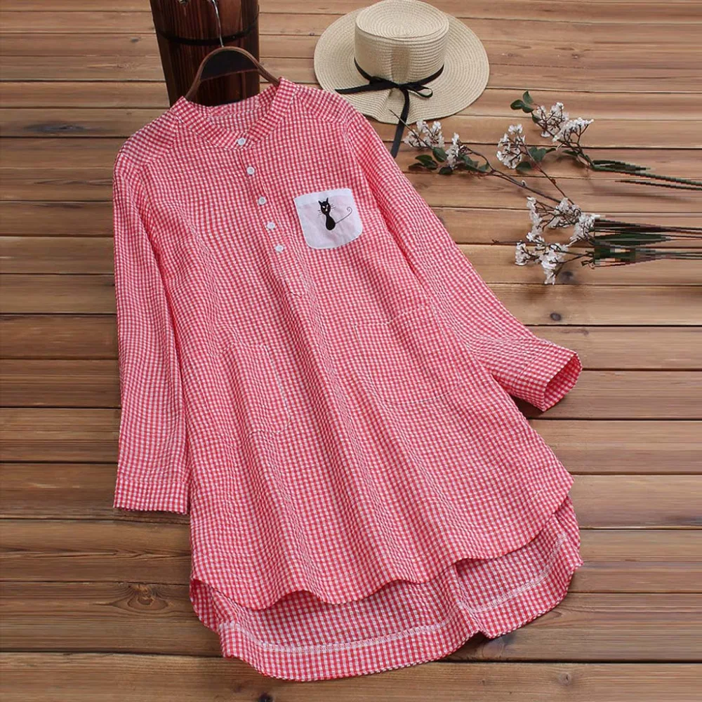 2019 women's plaid embroidered cat long sleeve tops and blouses Summer sexy beach top pretty blouses et chemisiers femme 40J12 (6)
