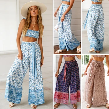 

New Women Pants For Summer 2019 Fashion Print With Sashes Loose Long Pants Casual Wide leg pants Women Summer Clothing Pants