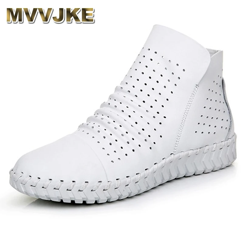 

MVVJKE Genuine Leather Hollow Out Breathable Summer Women Sandals Boots 2018 Spring Autumn Fashion Soft Zipper Flat Ankle Boots