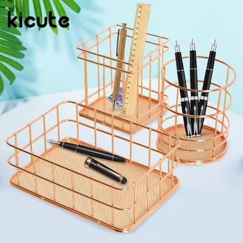 

Kicute 1pcs Rose Gold Metal Pen Holder Box Case Organizer Home Desk Stationery Decor Office School Desk Accessories Supplies