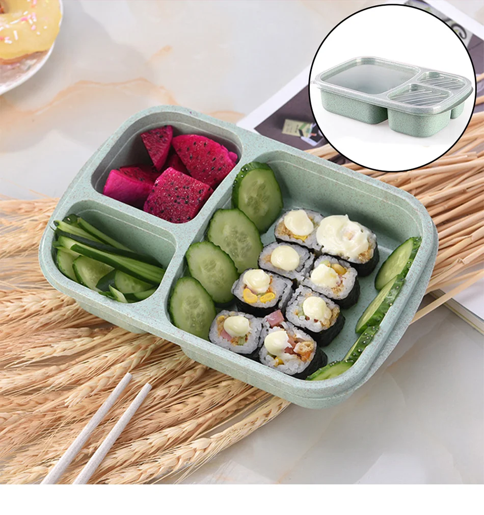 3 сетки пшеничной соломы Bento коробка с крышкой микроволновая печь пищевой ящик биоразлагаемый контейнер для хранения Ланч Bento коробки столовая посуда набор