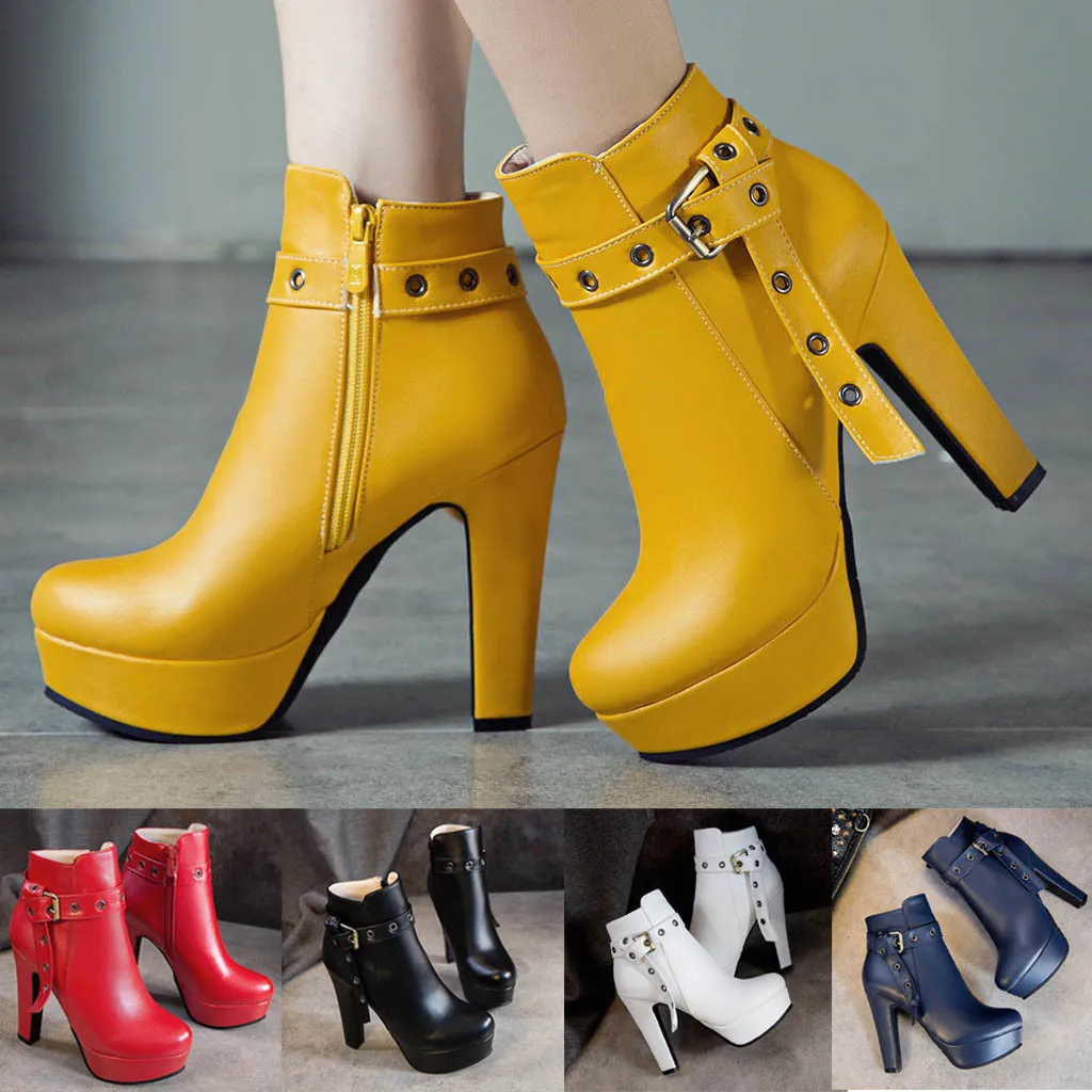 

Autumn 2019 Hot Sale Fashion Women Waterproof Solid Color Fashion Simplicity Platform Round Head High Heels Zipper Ankle Boots