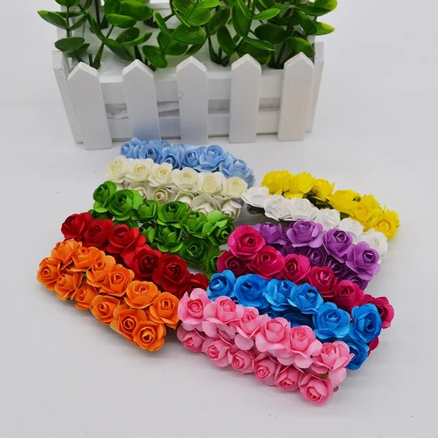 72Pcs/lot 2CM Multicolor Paper Artificial Flowers Mini Rose Flower Head Wedding Bouquet Scrapbooking Party Home Decoration 5