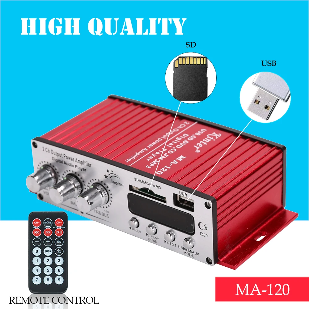 Kinter MA-120 mini amplificadores de audio amplificador hifi estéreo de sonido bluetooth 2,0 canales SD entrada USB FM radio casa Coche Kinter MA-120 mini amplificadores de audio amplificador hifi estéreo de sonido bluetooth 2,0 canales SD entrada USB FM radio casa Coche