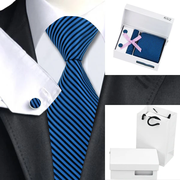 Mens Ties Blue Stripe Silk Jacquard Tie Hanky Cufflinks Gift Box Bag