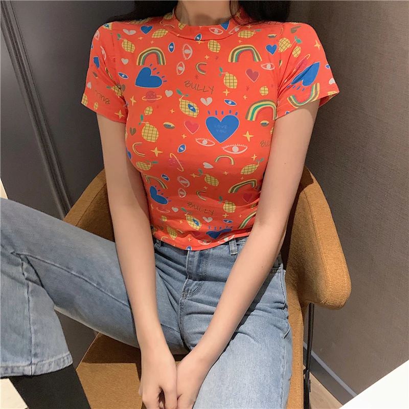 

Women's Cotton Printed Sexy T-shirt 2019 Summer Orange Retro Slim Short-sleeved O-neck T-shirt Street Fashion Hip Hop T-shirt